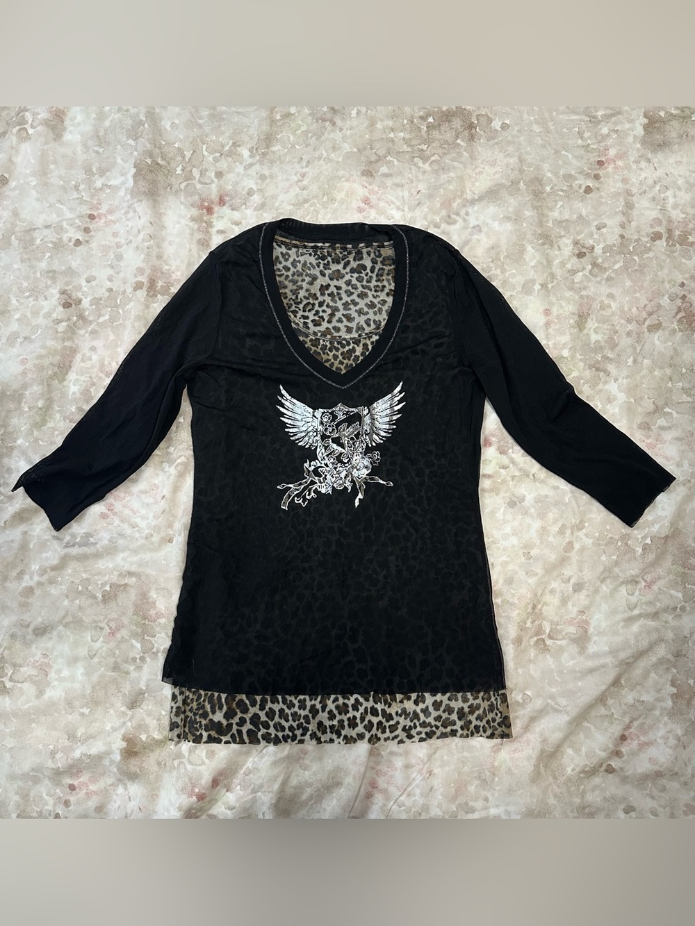 Black Long-Sleeve V-Neck Top with Silver Wing Graphic
